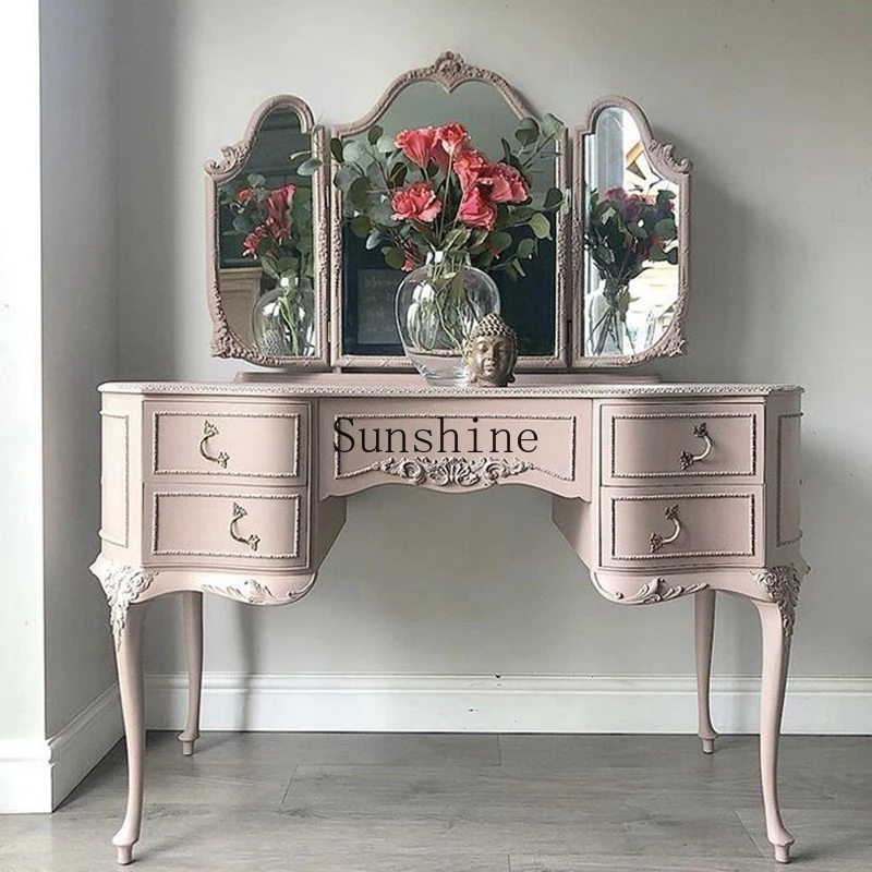 

French retro light luxury small apartment bedroom dressing table mirror combination storage drawer