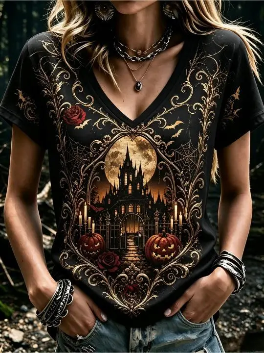 Women Halloween Castle Moon Pumpkin Rose Bat Web Print T Shirt V Neck Short Sleeve Casual Tops Vintage Gothic Frame Pattern Tees