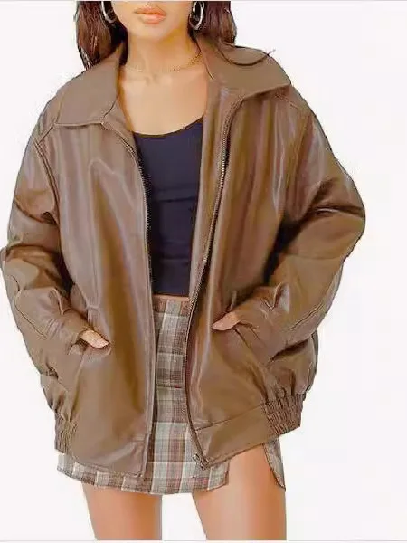 여성용 단색 롱 슬리브 가죽 재킷 캐주얼 슬림핏 코트 폴리에스터 소재 겨울 컬렉션
