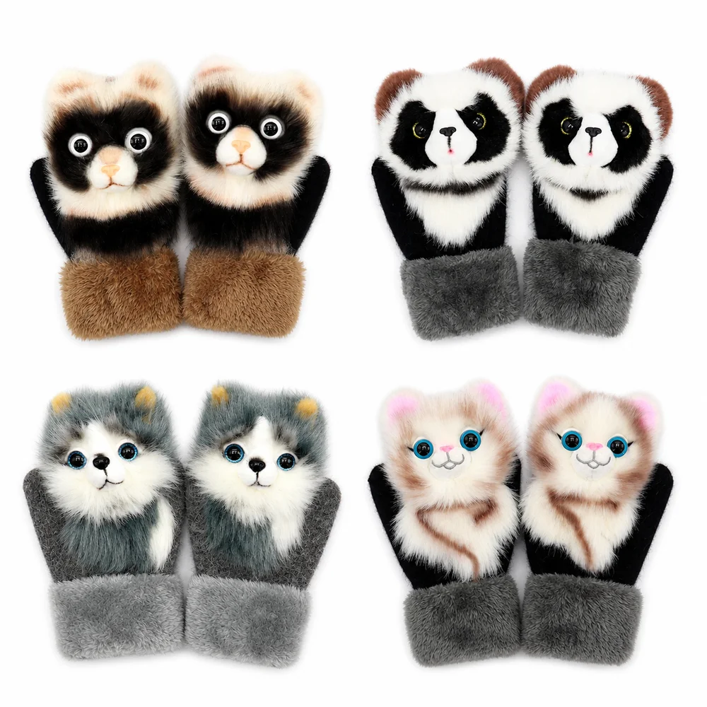 New Fleece Lined Warm Winter Gloves Thickened Animal Pattern Gloves Korean Style Animal Gloves Winter Wear