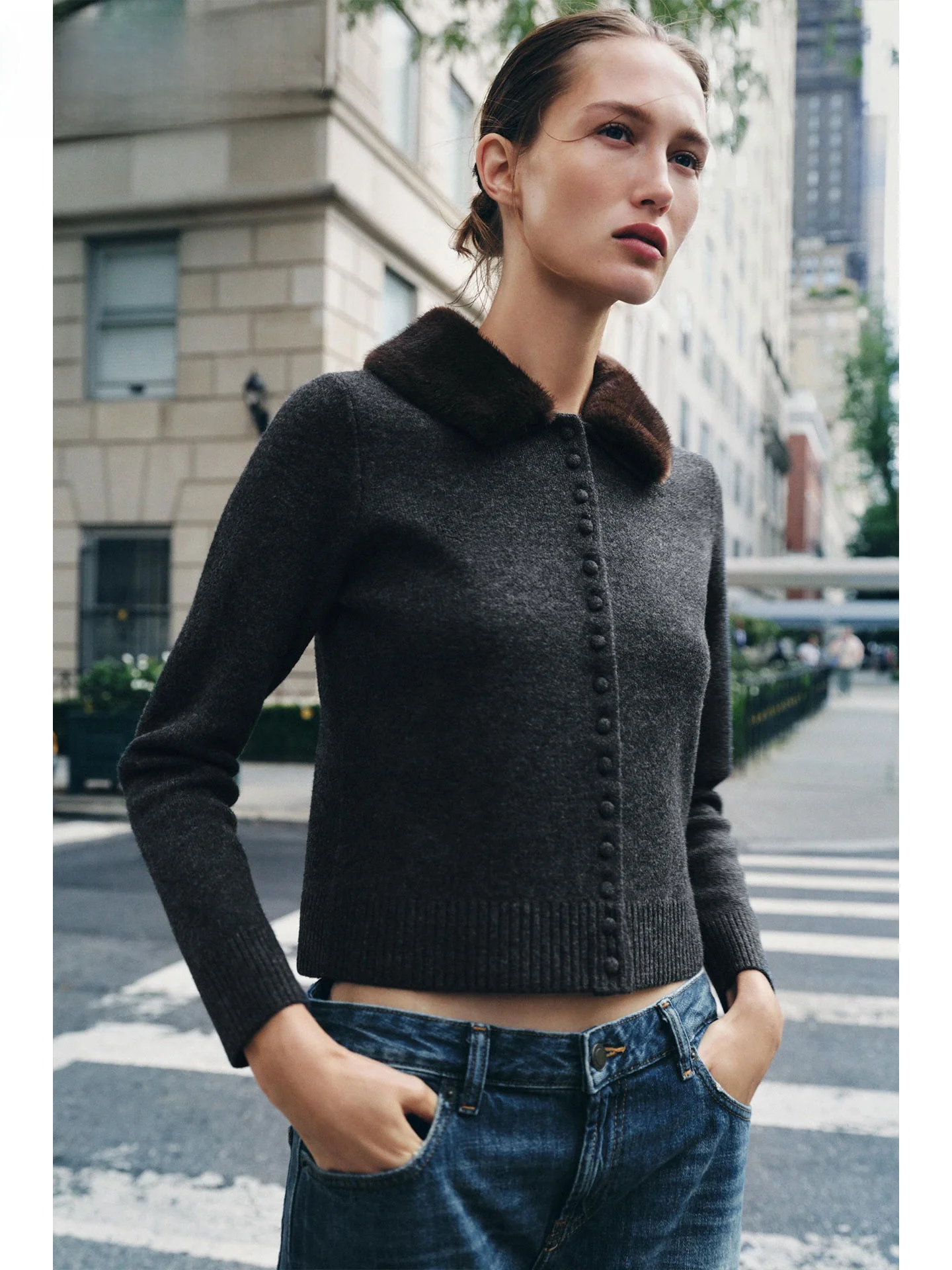 

ZAPRHA 2022, осенняя новинка, женская вязаная куртка с лацканами из искусственного меха, элитная длинная свековая длина, но...