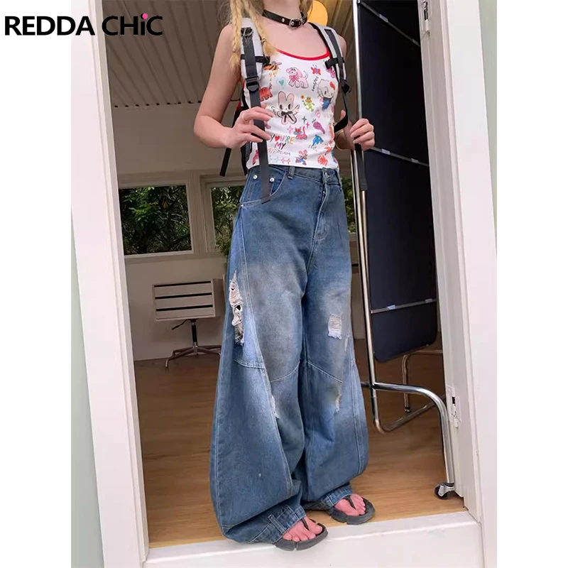 

REDDACHiC Boyfriend Women Upside Down Baggy Jeans Retro High Rise Dirty Wash Spliced Ripped Wide Leg Denim Pants Y2k Streetwear