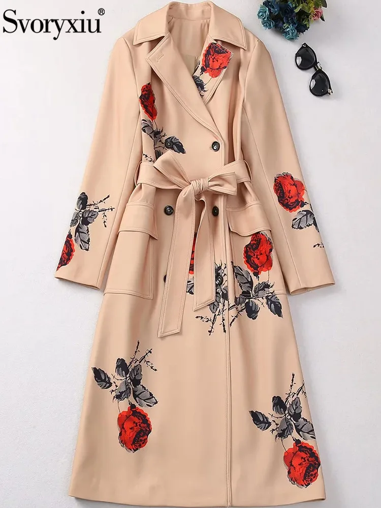 

Svoryxiu Fashion Runway Autumn Khaki Long Style Trench Coats Women's Turn-down Collar Belt Pocket Floral Printing Overcoat