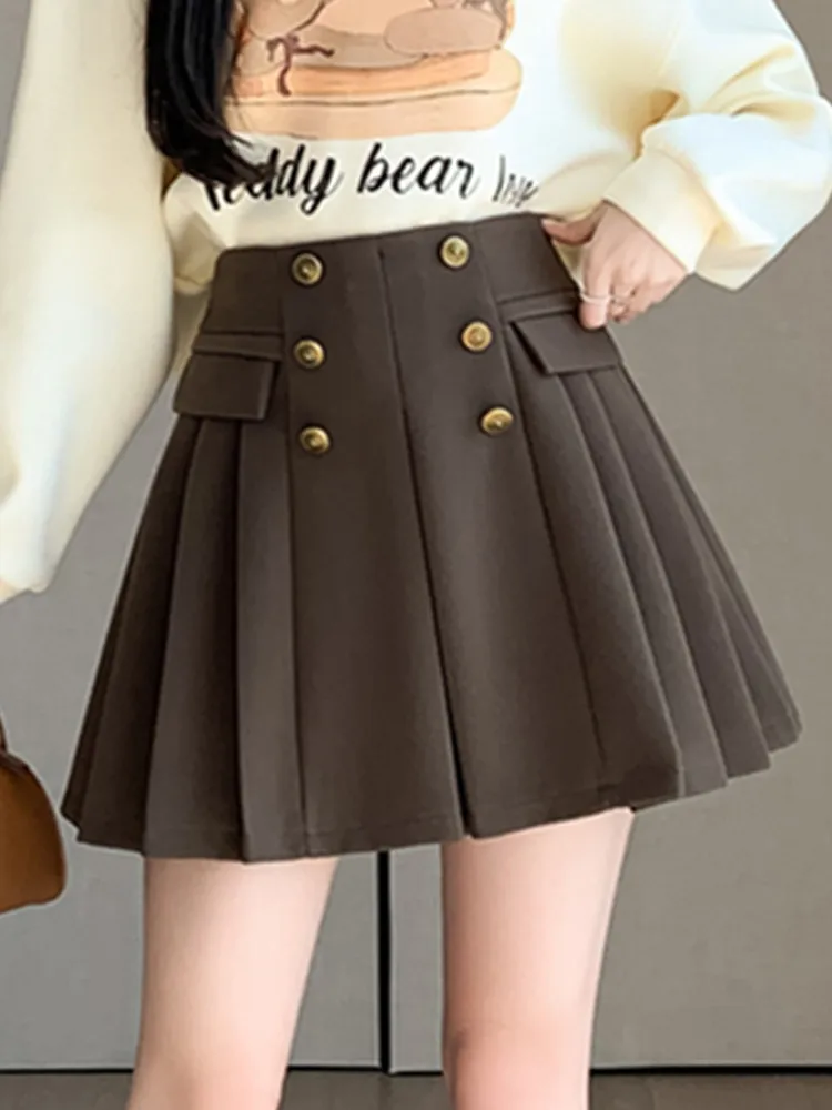 

SMTHMA New Autumn Winter Korean Version A-Line Skirt Fashion Double Breasted High Waist Woolen Pleated Skirt