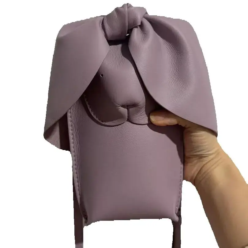

Bunny Phone Bag Long Ears with Bow Genuine Leather Crafted Rabbit Lavender Animal Shaped Purse Cowhide Pouch Luxury Gift