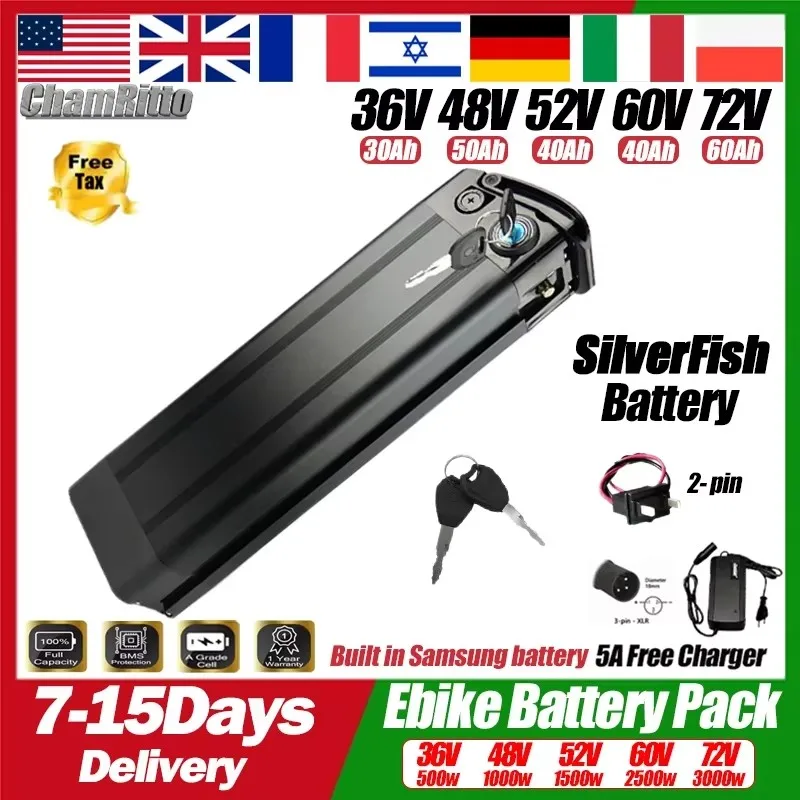 

E-Bike36v 52v 60v 72v 48v 50AH SilverFish S26 48 Volt Batterie Vélo 20ah 30 40 50 60ah 2000W Electric Bike Battery with Charger