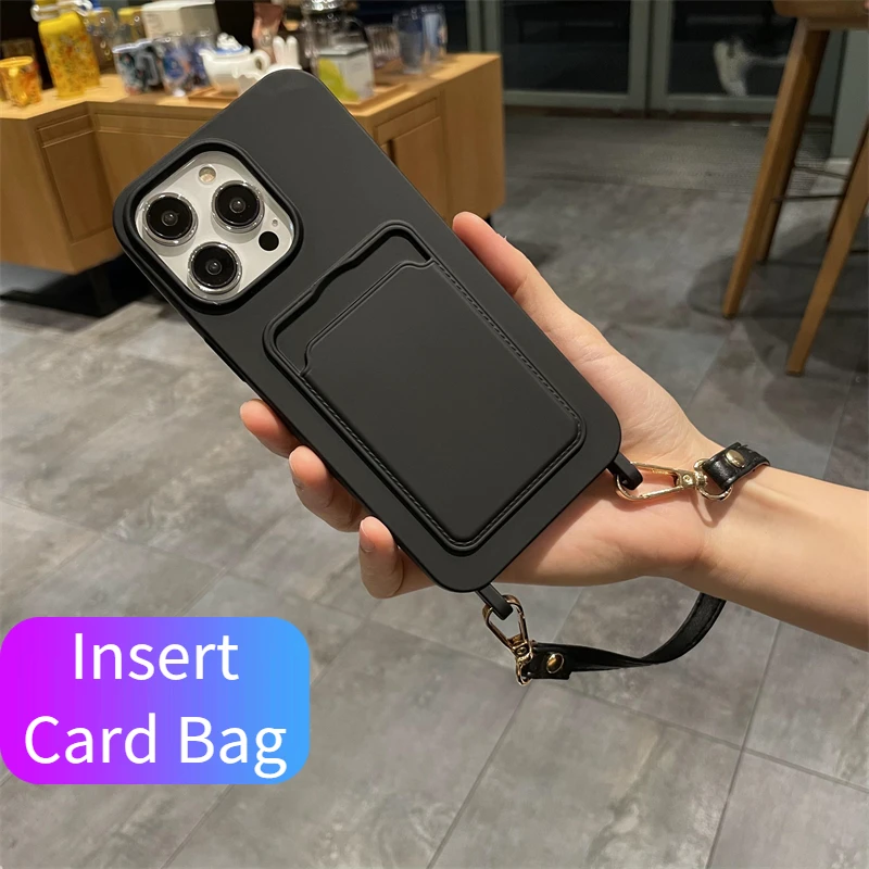 Luxuly Portable Insert Card Bag Cord Chain Case For iPhone 16 15 14 13 12 11 Pro Max XR 8 7 Plus Wrist strap Lanyard Rope Cover