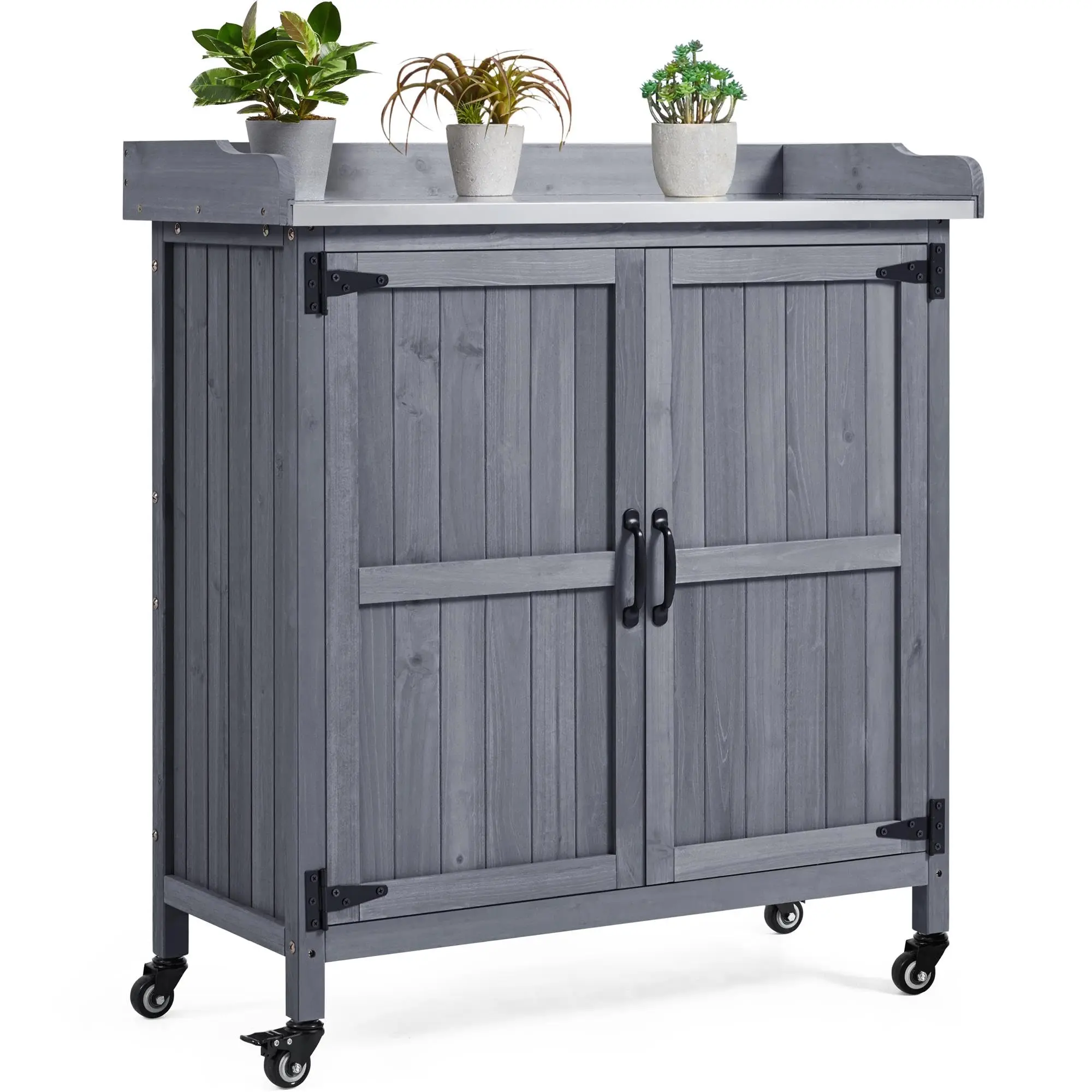 Potting Bench for Outside with Storage Cabinet & Metal Top,Brown