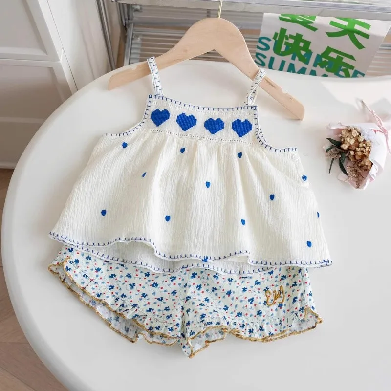

TOY-Korean Children's Clothing2025Summer New Girls' Elegant Forest Style Set Little Girl Embroidered Vest Top Shorts Trend
