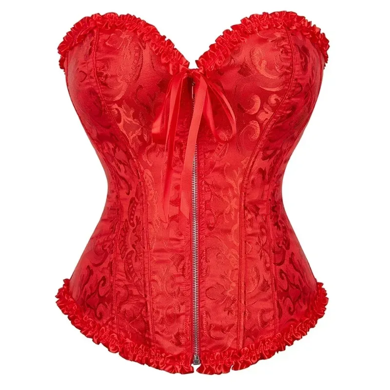 Women Corset Overbust Zipper Waist Bustier Top Black White Pink Beige Brown Red Green Blue Elegant Basques Corselet