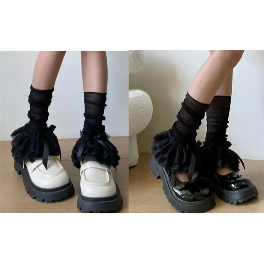 Bonito y2k polainas rendas arcos em camadas bota capa meias elásticas lolita renda meia feminina