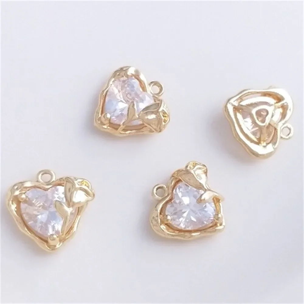 14K Gold Inlaid Peach Heart Zircon Rose Love Pendant Handmade DIY Earrings Bracelet Jewelry Charms Pendant K474