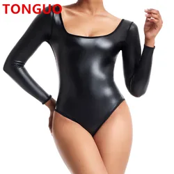 TONGGUO Womens One Pieces Shapewear Bodysuit Leather Tummy Control Black Thong Bodysuits for Women Long Sleeve Shapers Tank Tops