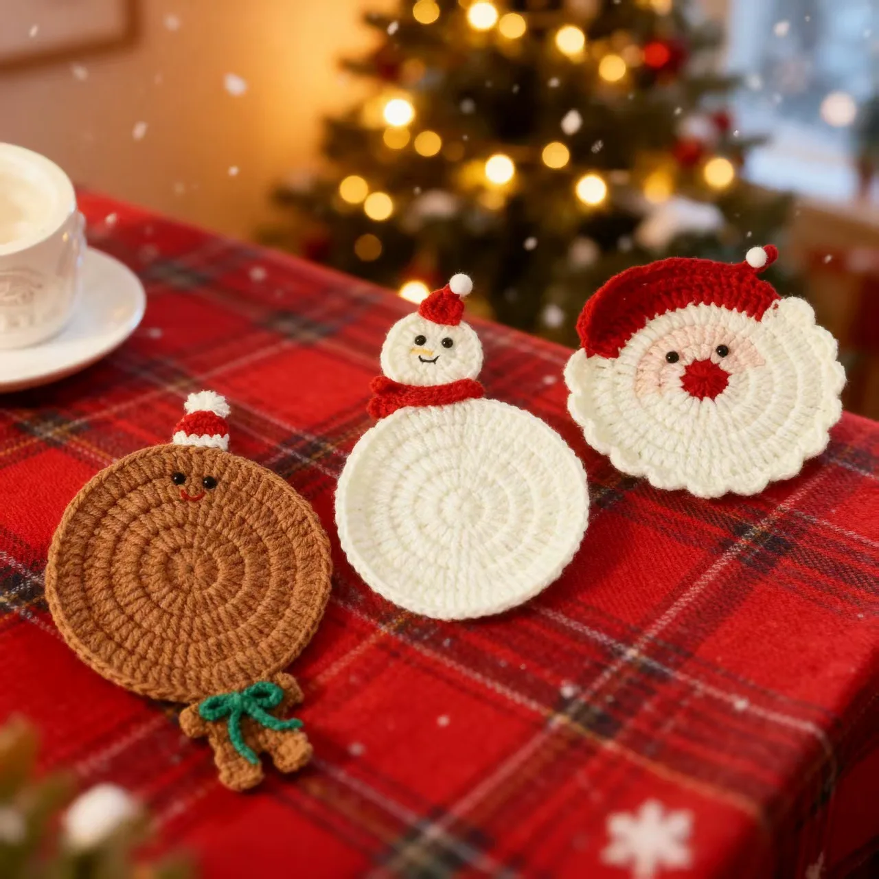 Christmas Santa Coasters Handmade Crochet Festive Holiday Drink Coasters Table Decor Coasters Handmade Crochet Mug Mats Gift New