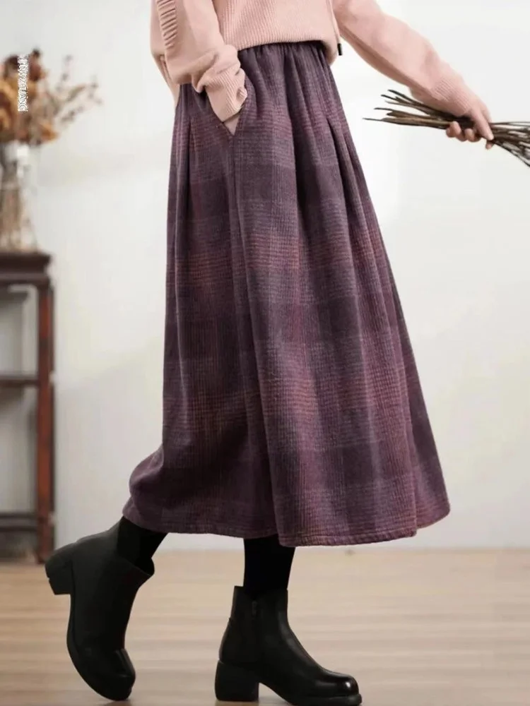 High Waist A-Line  Skirt Women's Woolen Plaid Warm Commute Style Casual High Waist Skirt for Autumn Winter Slimming