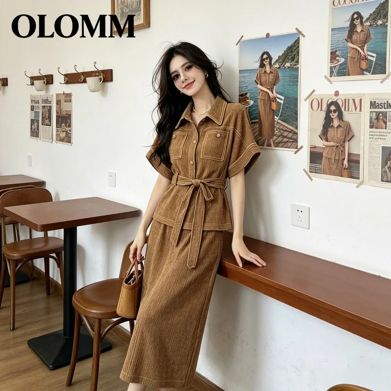 Miyake Pleated 2026 New Early Autumn Denim Set for Women Short Sleeve Turn-down Collar Waist Tie Straight Half Skirt Pleated Set