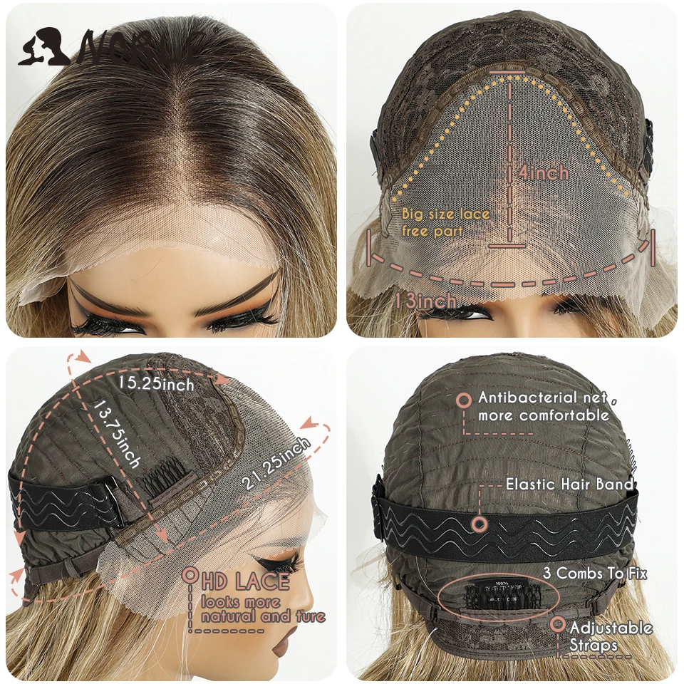 NOBLE 13X4 Lace-Front-Synthetikperücke, 28 Zoll, Ombré-Blond, lockige, lockere Frisur, mit Pony, hitzebeständig, TikTok-Perücke für schwarze Frauen, für den täglichen Gebrauch. – Detail 7