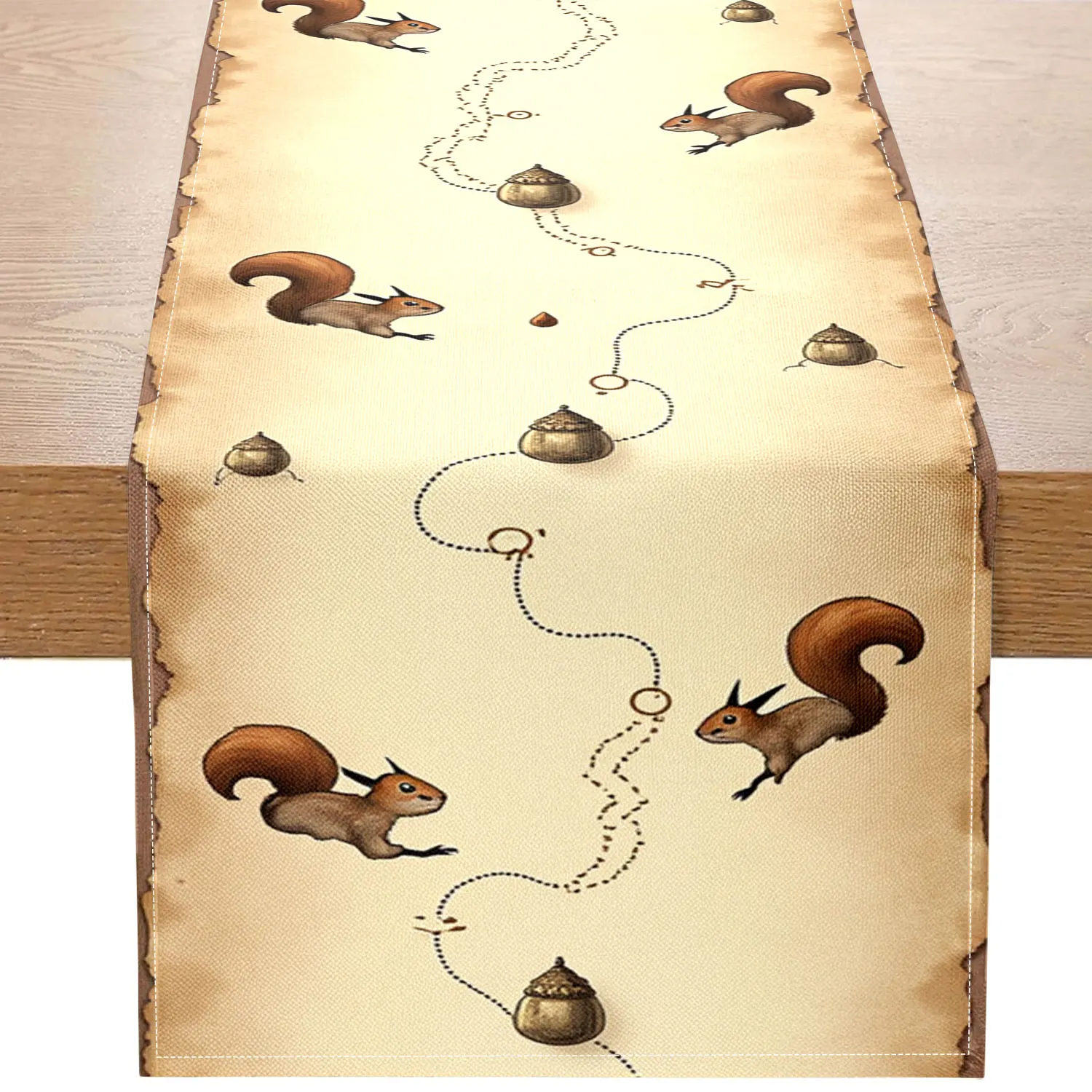 

1 Piece of Adventure-Themed Squirrel Table Runner with Squirrel, Compass, and Acorn Patterns, Suitable for Country-Style Home Decor, Camping Parties, and Children's Room Decoration Scenes.