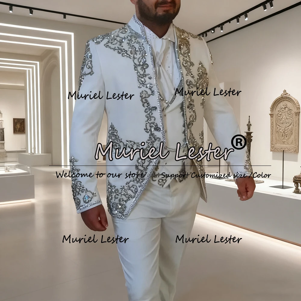 

Glittering Wedding Suits For Men Italian Design Crystals Beaded Prom Blazer Business Party Tuxedos Customized Trajes Para Hombre