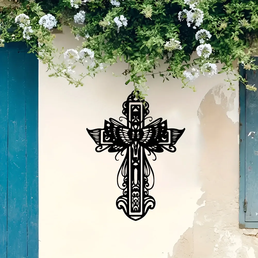 Décoration murale 2D plate vintage en fer forgé - Croix religieuse robuste avec motifs en spirale et ailes, panneau extérieur montable pour Spir