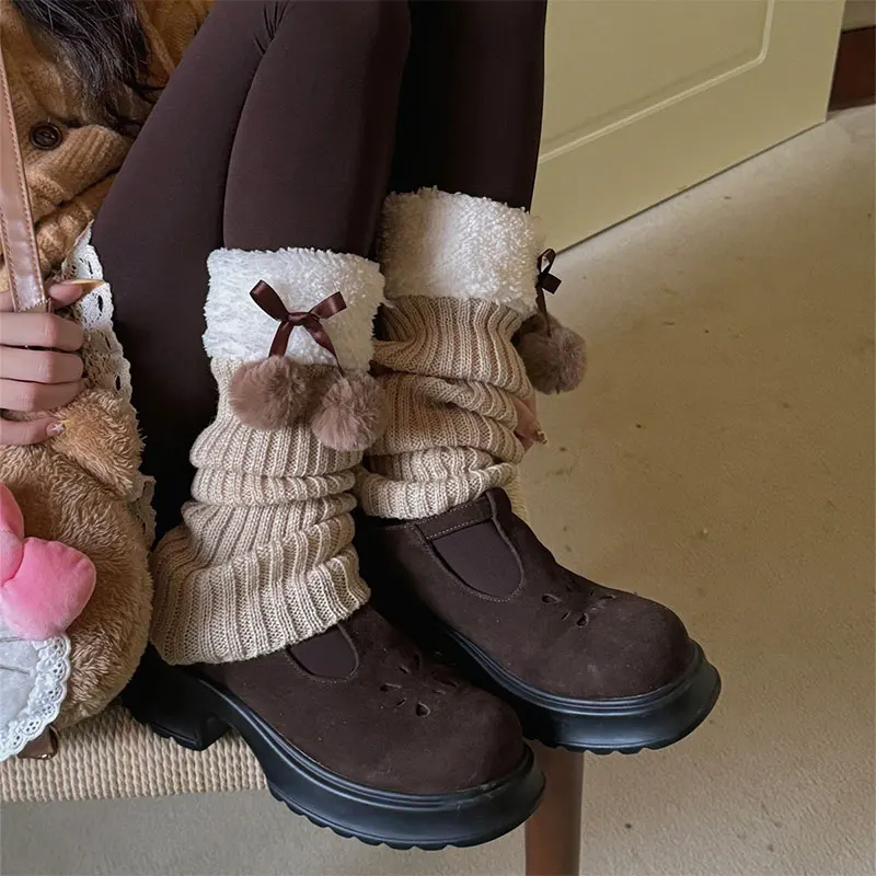 

New Women Knitted Lolita Plush Ball Leg Warmers Winter Jk Colorblock Ribbon Thickened Warm Calf-length Slouchy Socks Cute Items