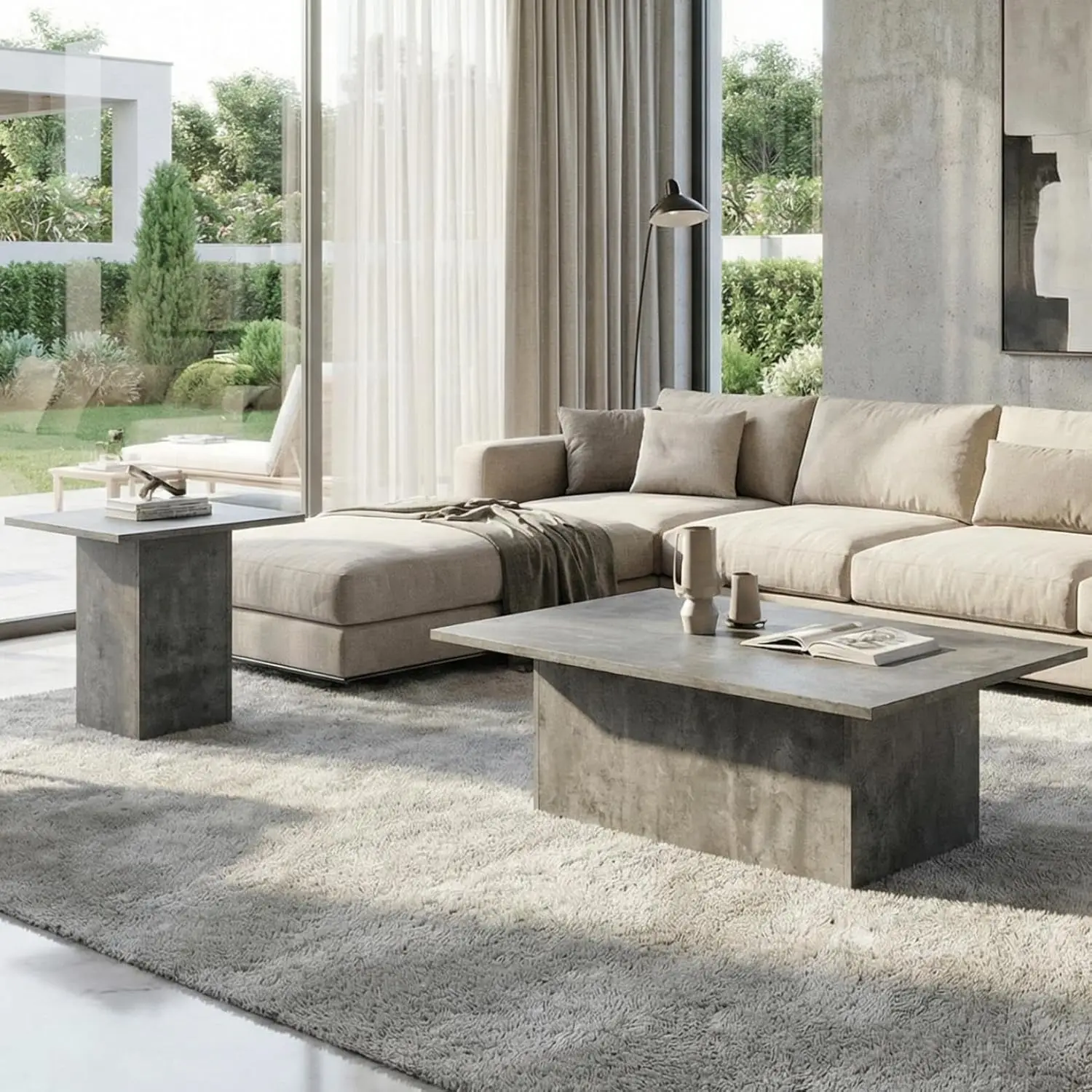 

Modern Nesting Coffee Table Set Grey Concrete Texture Wood Side Tables for Living Room Home Office, Customized