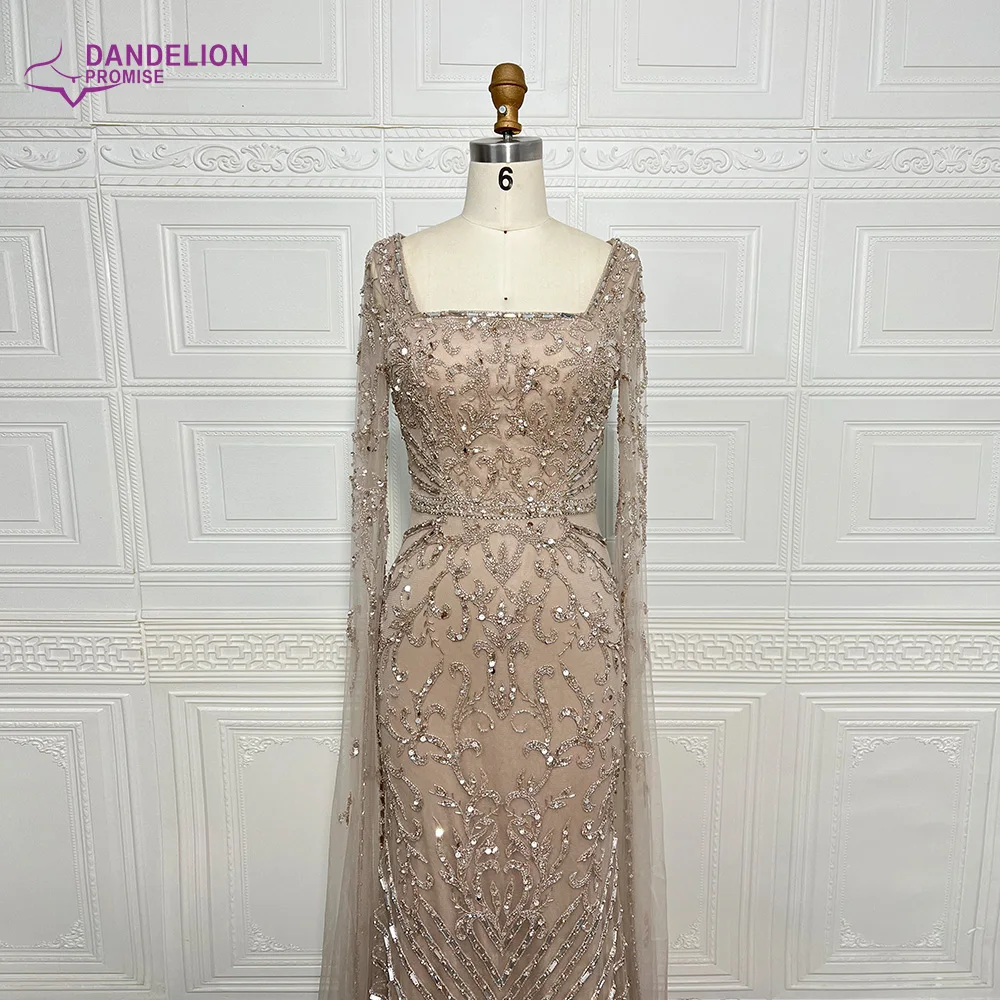 Robe de Soirée Sirène Luxueuse et Élégante pour Femme, Tenue Arabe, Couleur Chair, avec Manches Cape Perlées, Col Carré, Dubaï, ixde Mariage