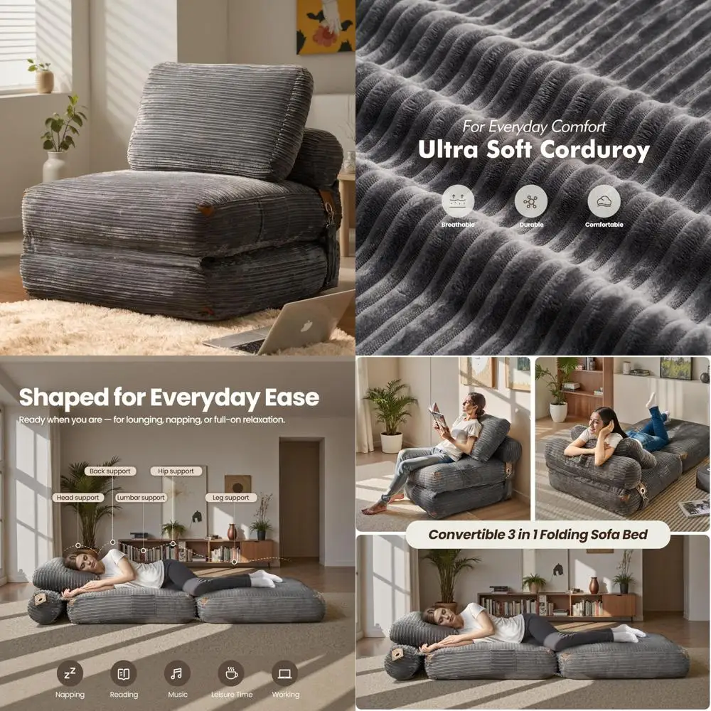 Folding Sofa Bed, Convertible Sleeper Chair, Comfortable Corduroy Faux Fur Cloud Lounge Chairs for Living Room, Portable and Ver