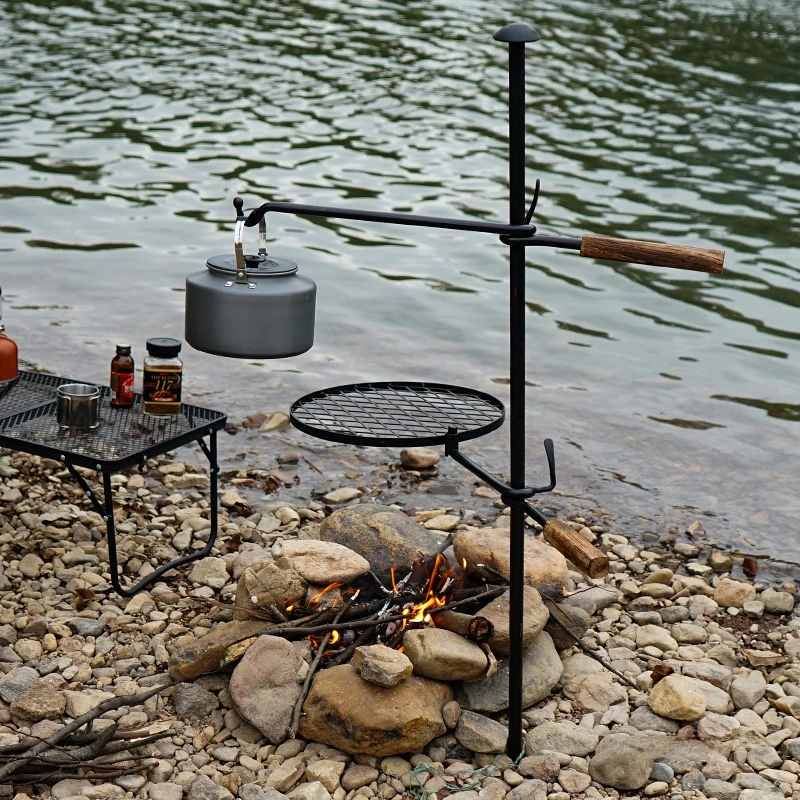 Fire Rack Single Column Iron Grid Runner Camping Picnic Bonfire Cast Steel Barbecue Wire