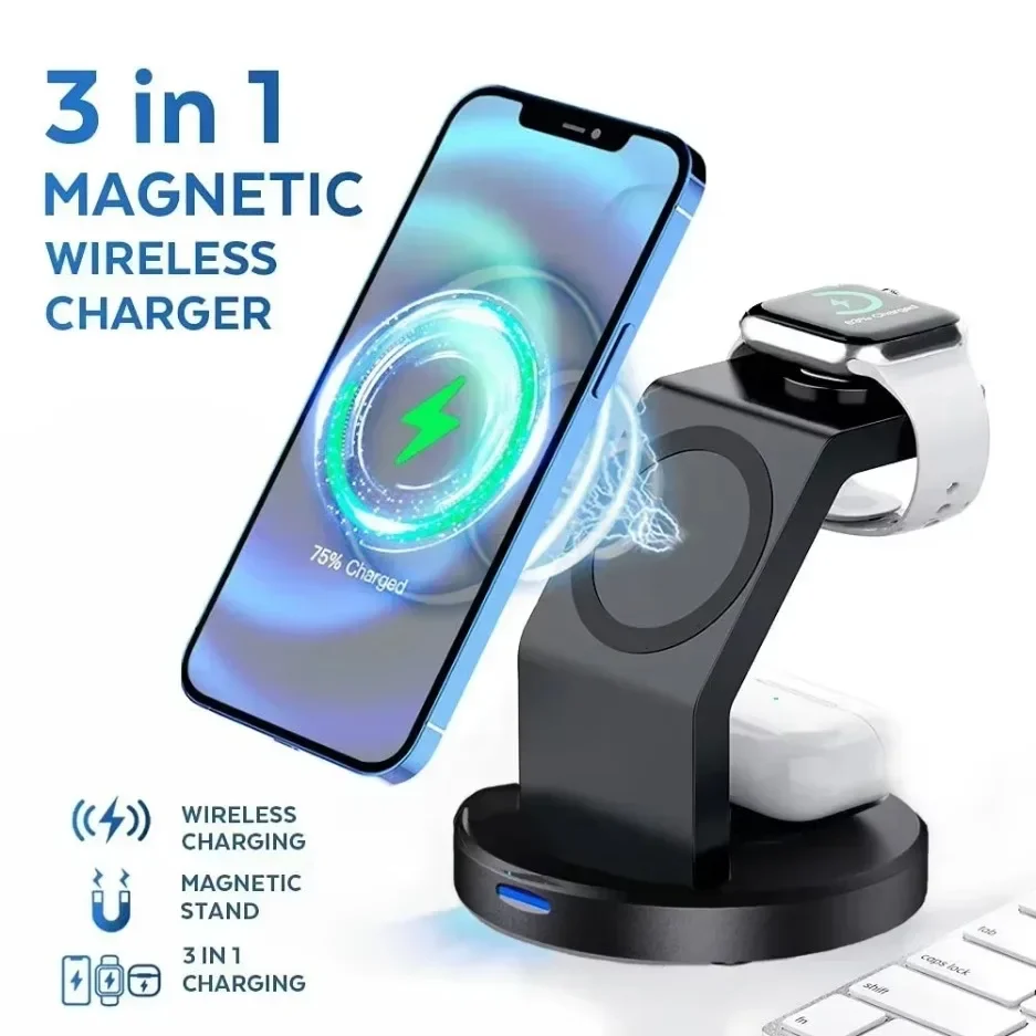 3 In 1 Wireless Charger Stand For MagSafe iPhone 16 15 14 13 12 Pro Max Apple Watch AirPods Station Dock Fast Charging Station