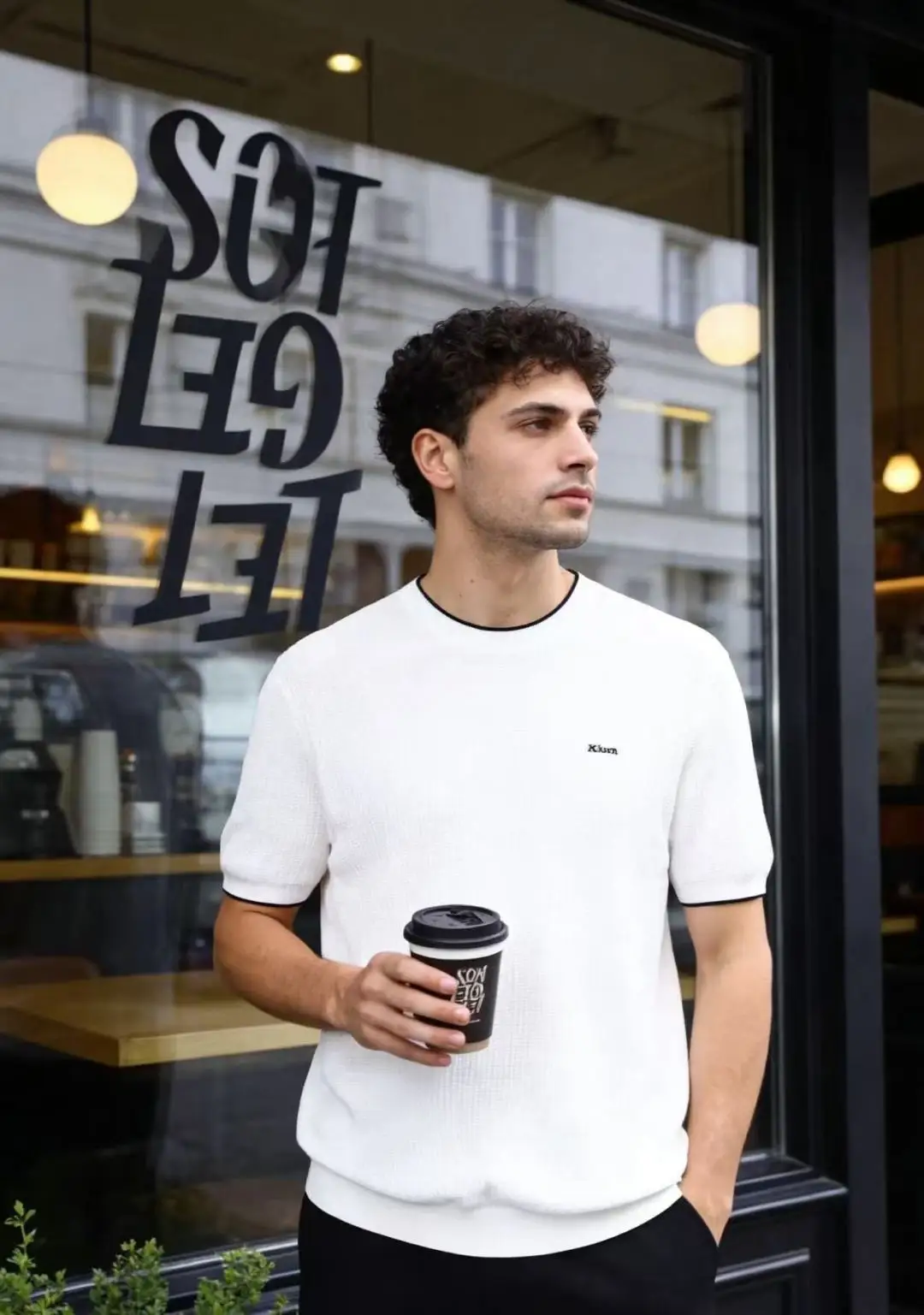 Kiton 26 men's light luxury simple round neck with thin white contrasting color hemming design knitted short-sleeved T-shirt