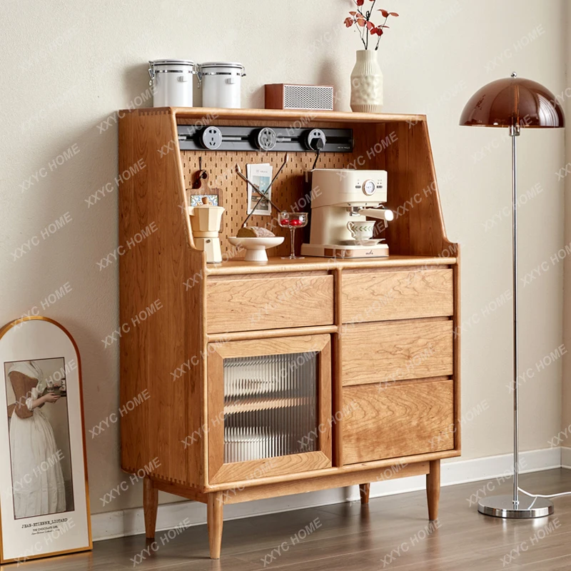 Solid Wood Sideboard Cabinet Coffee Machine Microwave Oven Natural Wood Multi-Functional Storage Cabinet