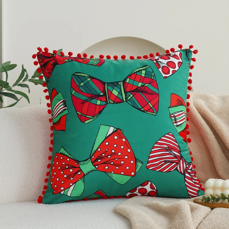 Cushion Cover Ball Edge Romantic Home Decorative Pillowcase 45x45cm for Living Room Sofa Red Bow Valentine's Day Gift 18x18inch