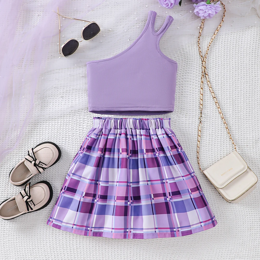 Girl's Summer Off-Shoulder Knit Vest + Plaid Midi Skirt Two-Piece Casual Set