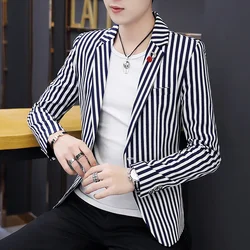 Mens Blazer Jacket 2022 New Suit Male Casual Korean Style Trendy Slim Striped Student Small Suit Jacket Hair Stylist Single Top