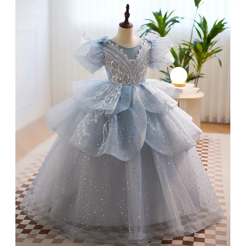 Elegant Ball Gown Baby Flower Girl Dresses Sequins Tulle Children Princess Prom Birthday Party Gowns