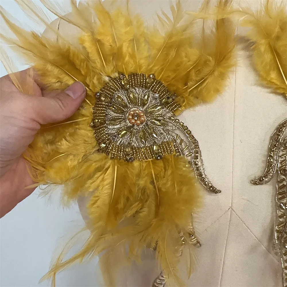 Rhinestone Beaded Patch With Artificial Feathers Garment Accessory Beading Applique