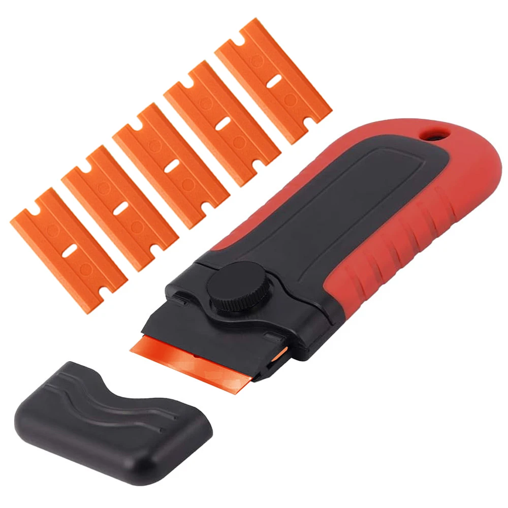 Label Sticker Cleaning Razor Scraper with Storage Tank with 5Pcs Blades for Household Car Kitchen Wrap Glue Squeegee Remover
