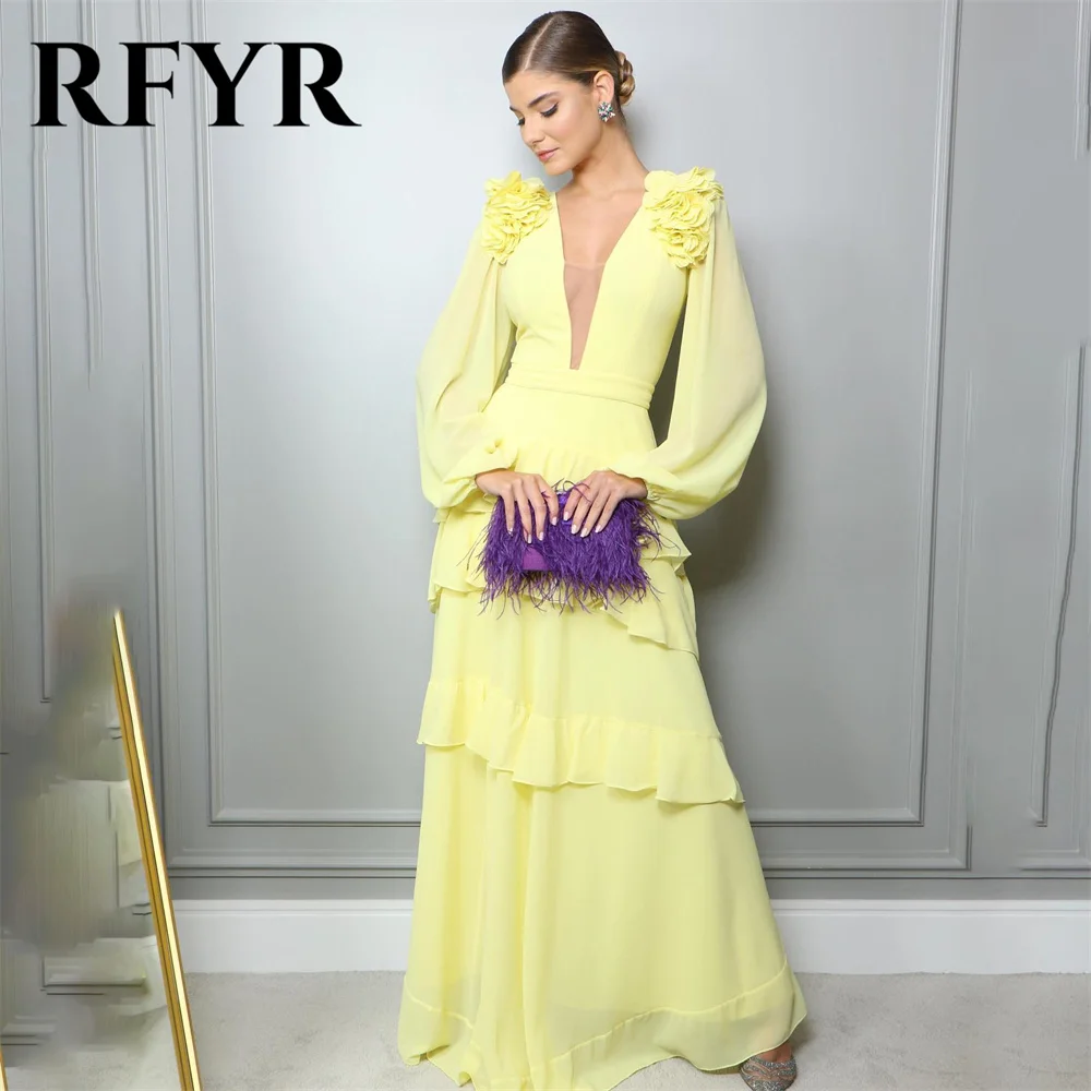 RFYR Yellow Special Occasion Dresses V Neck Chiffion Formal Gown Long Evening Dress with Split vestidos de fiesta Customized