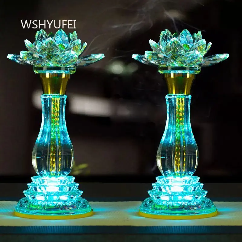 Buddha Hall Chief Lamp LED Colorful Crystal Lotus Lamp Guanyin Color Changing Plug-in Electric Lantern Home Decor Ornaments