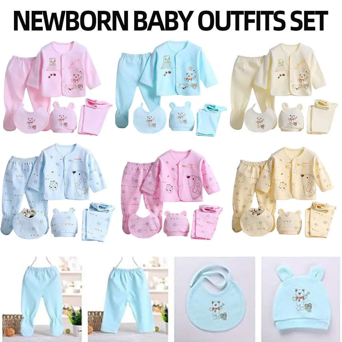 5PCS Newborn Baby Boy Girl Outfit Set Cartoon T-Shirt Top Pants Clothes 0-3 M UK