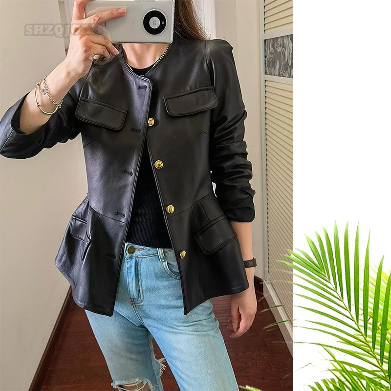 

Women's Waist Closing Small Skirt Leather Coat Autumn Leather Single Breasted Round Neck Black Thin Black Leather Leather Coat