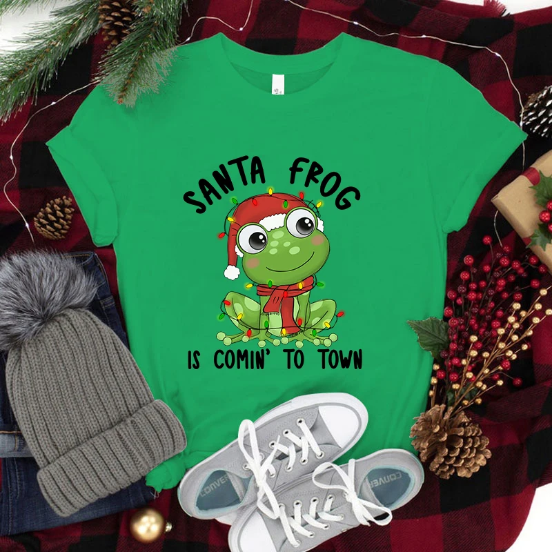 

Christmas Santa Frog Is Comin To Town Print Short Sleeve T Shirts Women'S Men's Crew Neck T-Shirts Summer Comfy Soft Tees Tops