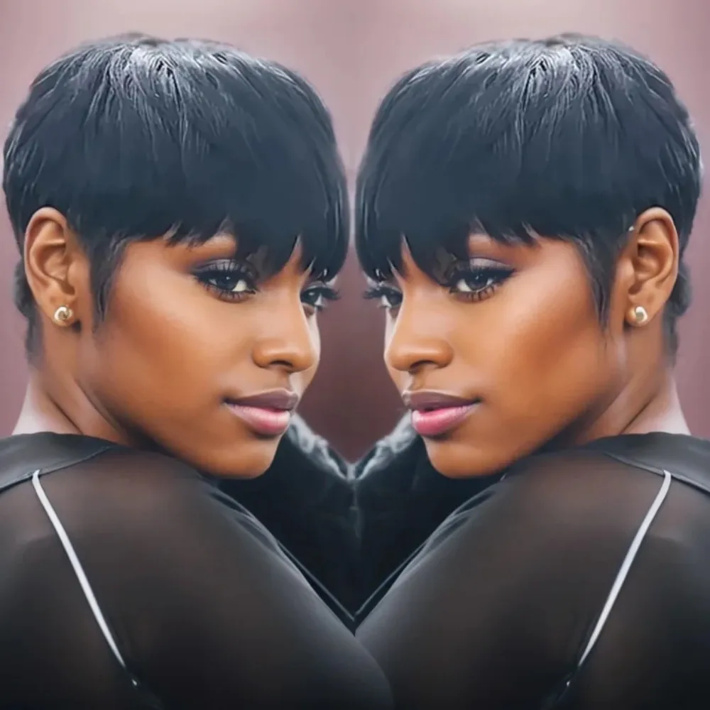 여성용 짧은 가발 부드러운 인모 레이어드 가발 앞머리 포함 풀 머신 메이드 가발