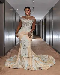 2024 Aso Ebi African Champagne Mermaid Prom Dresses Illusion Rhinestones Evening Party Second Engagement Birthday Gowns Dress