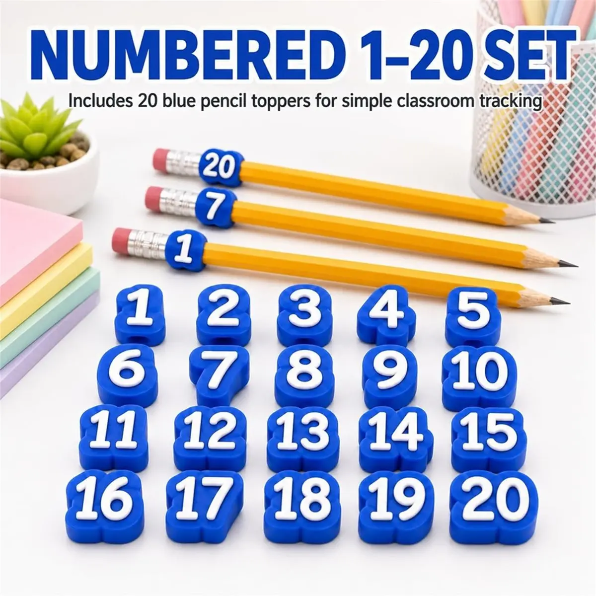 20 Pcs Numbered Pencil Toppers 1-20, Reusable Classroom Pencil Labels for Teachers, Pencil Tracking Markers for School