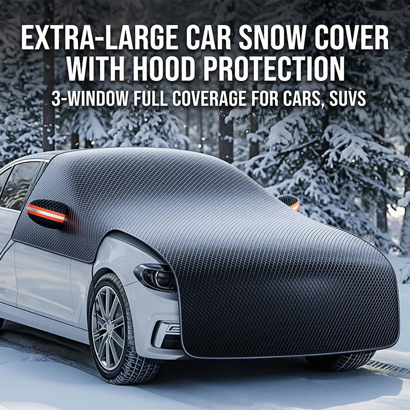 Extended 3‑Window Car Windshield Snow Cover Engine Hood Anti‑Frost Anti‑Ice Sunshade with 6 Fixing Straps for Sedan SUV