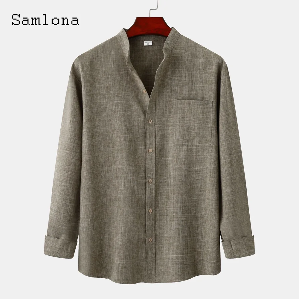 

Samlona Long Sleeve harajuku Blouse Mens Casual Open Stitch Linen Tops Sexy Men clothing 2023 Spring Pocket Design Shirt blusas