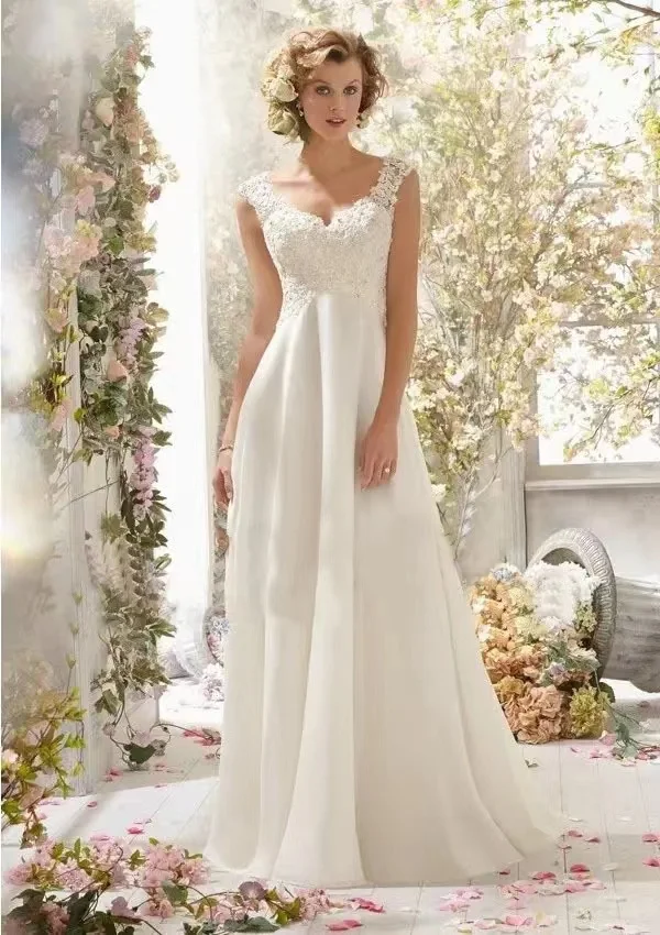 

Classic A-line wedding dress v-neck bridal gown sleeveless white/ivory train tail church dress applique lace wedding dress
