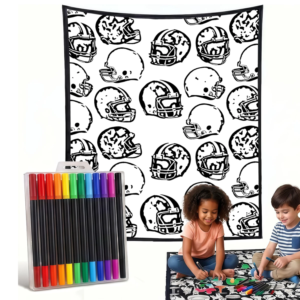 Football Helmets Yellow DIY Cozy Coloring Blankets -24 Markers, Cozy Velvet Ideal For Daily Use Home Decor And Kids Spaces